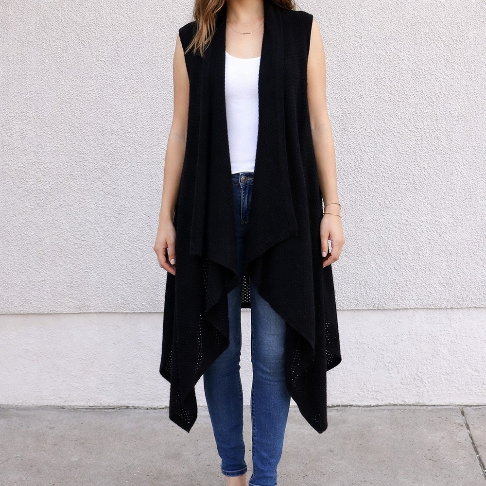 Lord & Taylor Cashmere Woman Black Pointelle Knit Sleeveless Cardigan Duster 2X